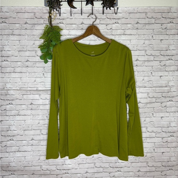 J. Jill Chartreuse Green Pima Cotton Crew Neck Long Sleeve Tee - Picture 1 of 5